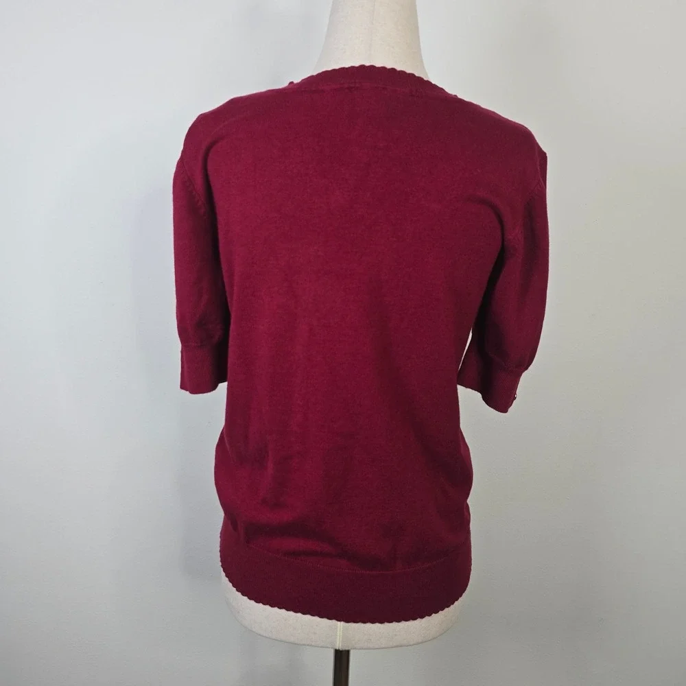 Anne Klein Womens Burgundy Short Sleeve Sweater Scalloped Neck Gold Buttons M